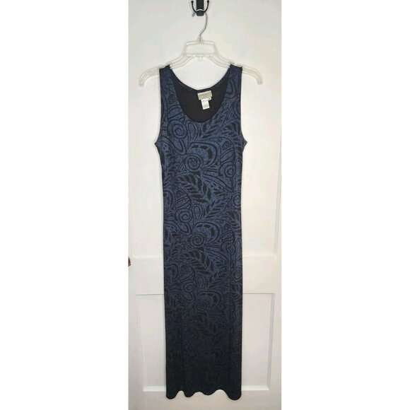 Coldwater Creek Maxi Dress Medium Slinky Bohemian Tropical Stretch Navy Black - Picture 1 of 4